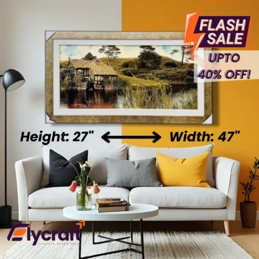 A Painter's Memory Framed Rug Art, 27x47 inch vintage-inspired printed rug with house and greenery design, oak fiber borders, easy hook hanging