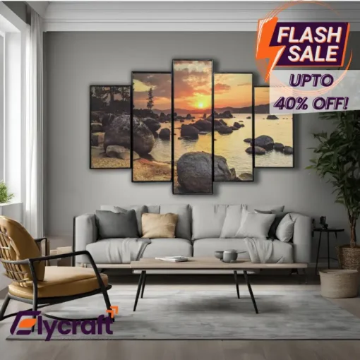 Beach Stones 5-Panel Wall Frame, 20x30 inch lustre finish ocean-inspired artwork with durable fiber borders and easy hook hanging