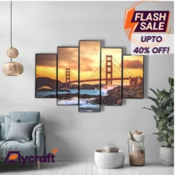 Golden Gate Bridge 5-Panel Wall Frame, 20x30 inch lustre finish cityscape artwork with black fiber borders and easy hook hanging