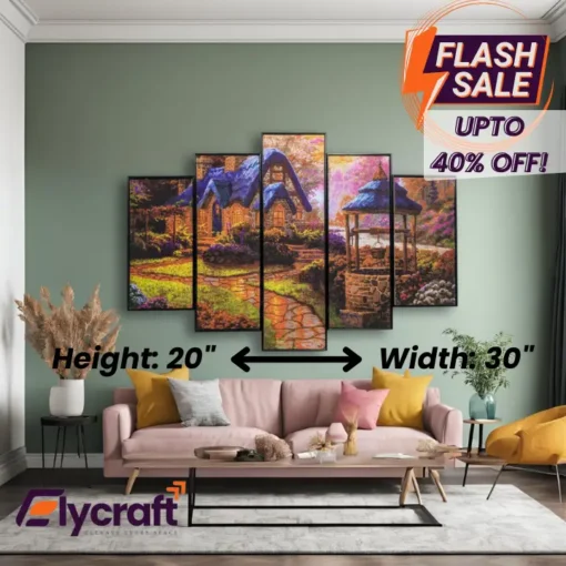 House in the Woods 5-Panel Wall Frame, 20x30 inch lustre finish nature artwork with black fiber borders and easy hook hanging