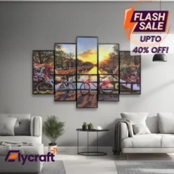 River and Spring Flowers 5-Panel Wall Frame, 20x30 inch lustre finish nature artwork with black fiber borders and easy hook hanging