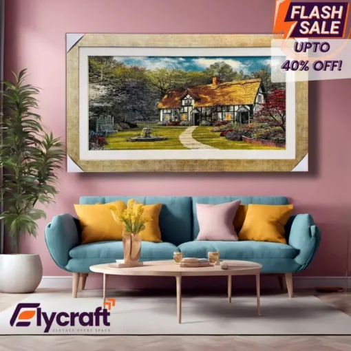 The Evergreen Home Framed Rug Art, 27x47 inch vintage-inspired printed rug with house and greenery design, oak fiber borders, easy hook hanging