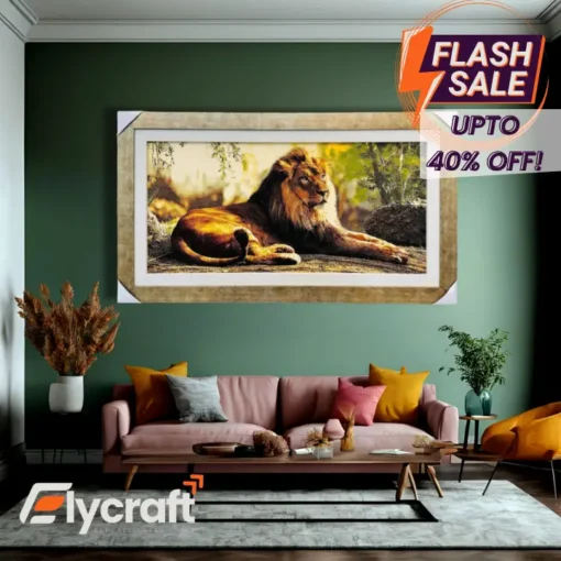 The Majestic Lion Framed Rug Art, 27x47 inch vintage-inspired printed rug with oak fiber borders and easy hook hanging