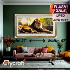 The Majestic Lion Framed Rug Art, 27x47 inch vintage-inspired printed rug with oak fiber borders and easy hook hanging