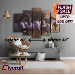 Three Horses 5-Panel Wall Frame, 20x30 inch lustre finish animal artwork with black fiber borders and easy hook hanging