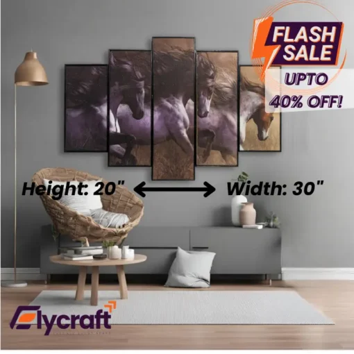 Three Horses 5-Panel Wall Frame, 20x30 inch lustre finish animal artwork with black fiber borders and easy hook hanging